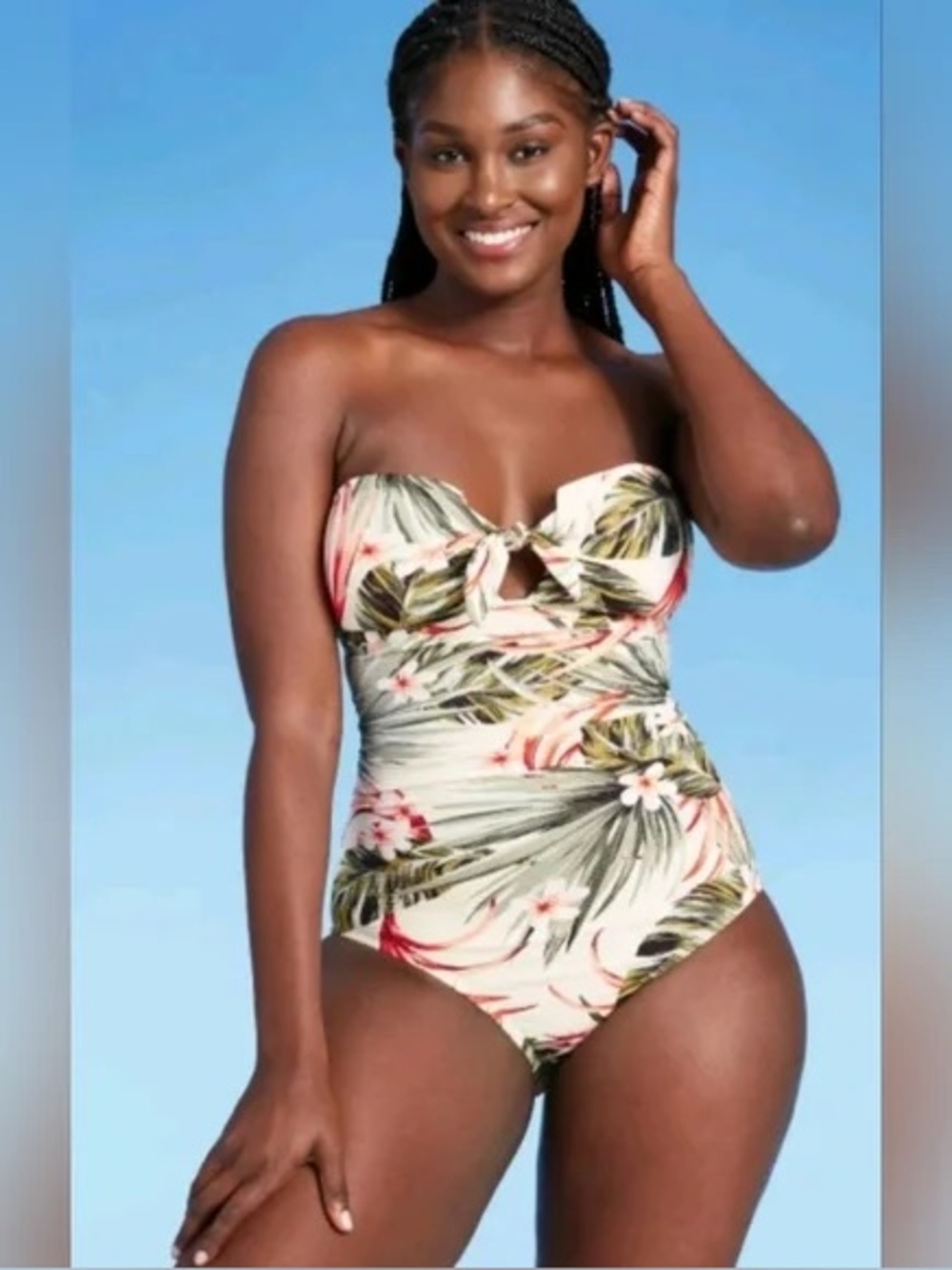 Kona Sol Tropical Palm Leaf Strapless One Piece Swimsuit Sheer Maxi Skirt Cover